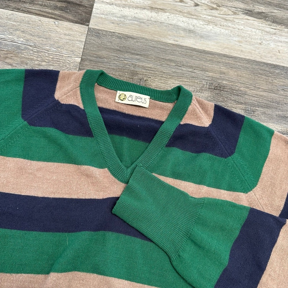 Vintage 70s 80s Aureus‎ Striped Blue Green Tan Men XL Raglan V-Neck Knit Sweater